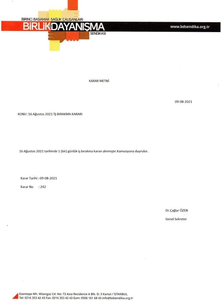 16 Ağustos 2021 İş Bırakma Kararı