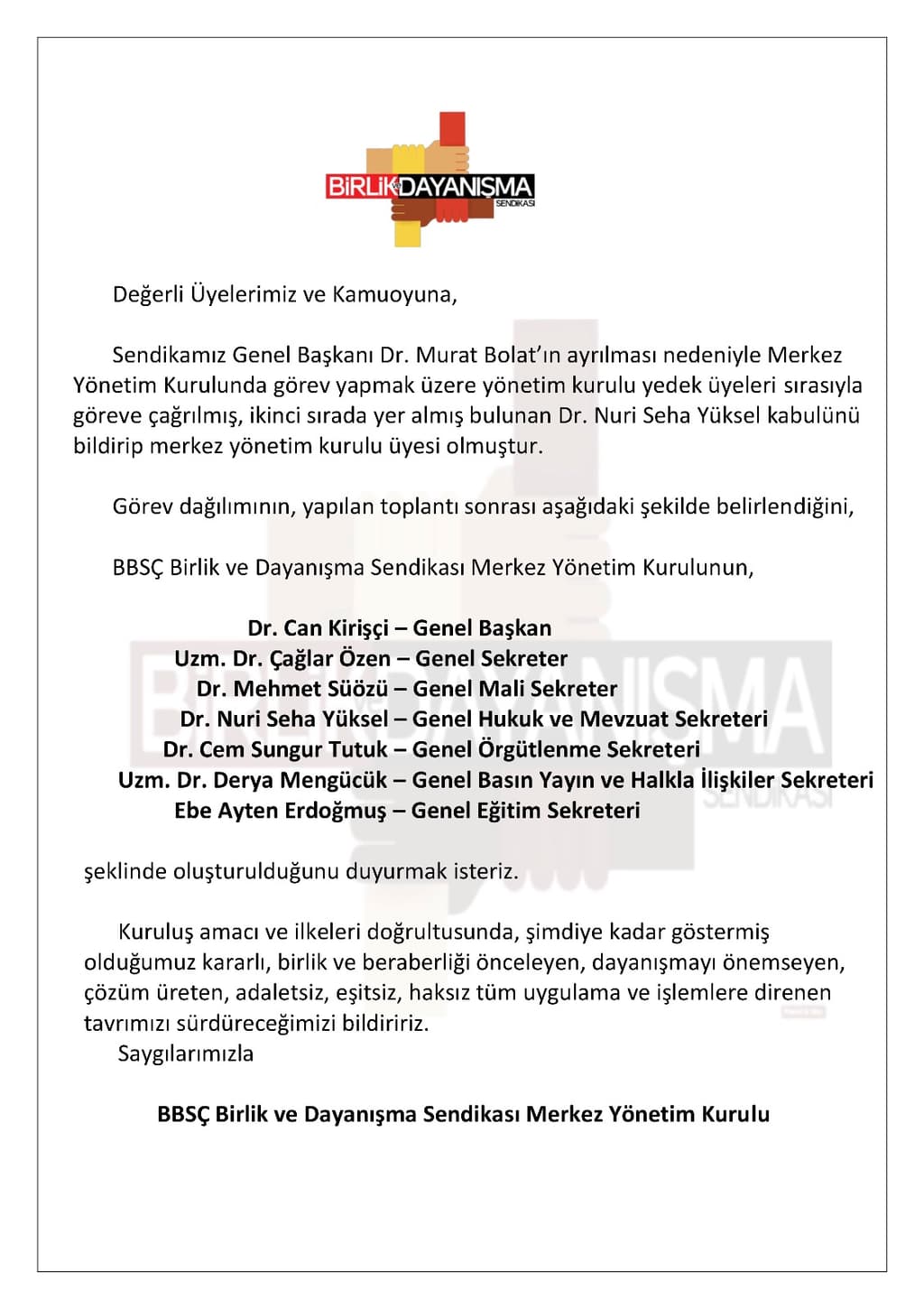 Yönetim Kurulu Görev Dağılımı Değişikliği
